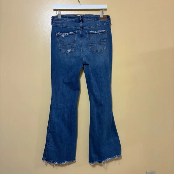 American Eagle Super Hi-Rise Flare Ripped Jeans Women’s 10 Blue - Picture 7 of 11
